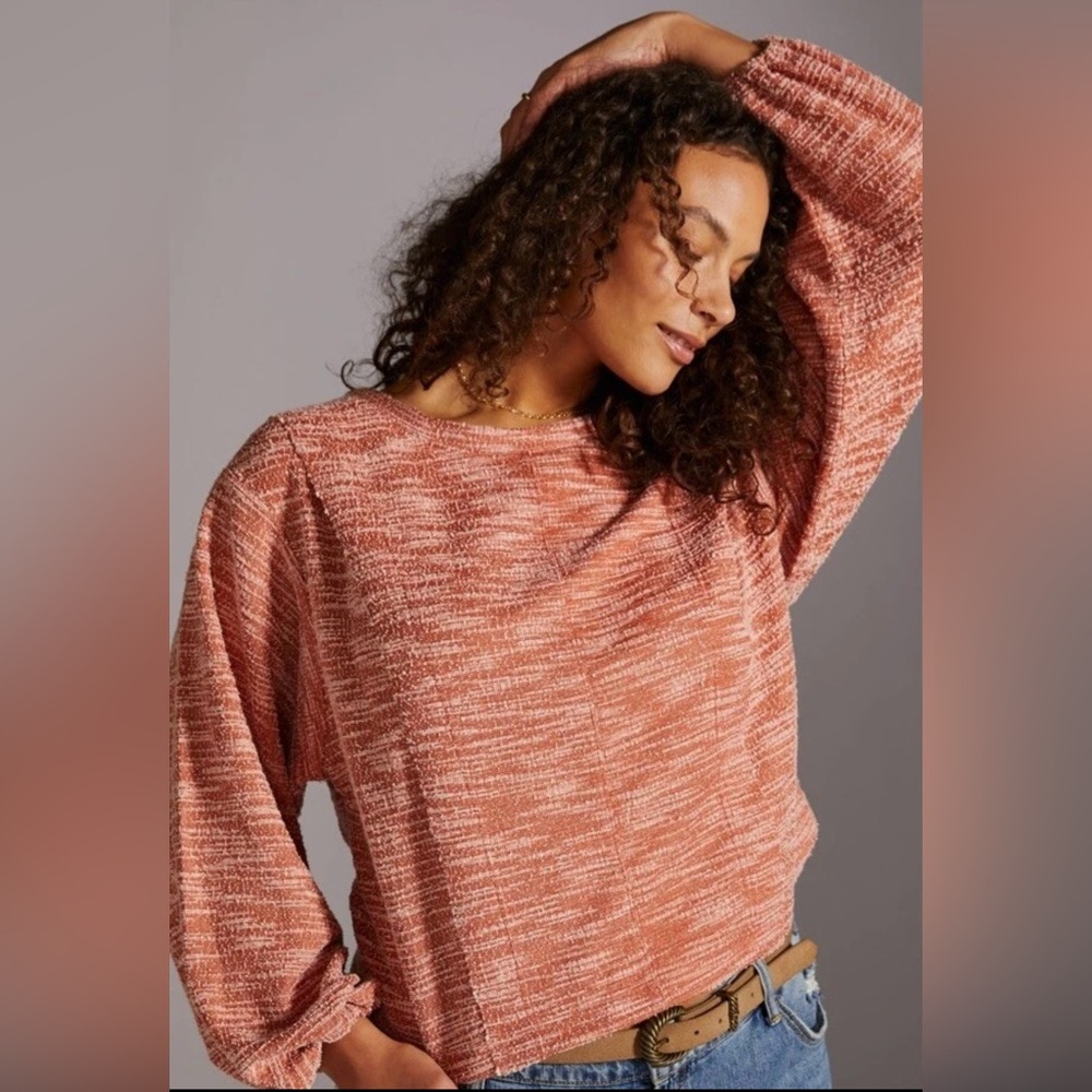 Anthropologie Balloon Sleeves Sweater Size XS Cropped In Creamsicle Cut Out Tie